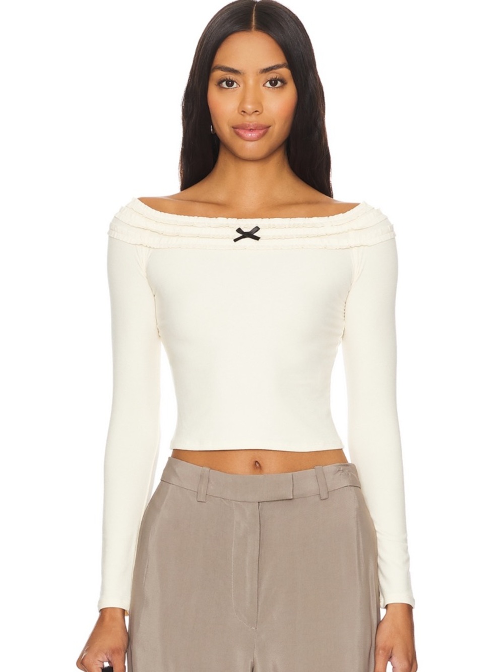 Cream Off-the-Shoulder Long-Sleeve Sweater Top with Bow Detail